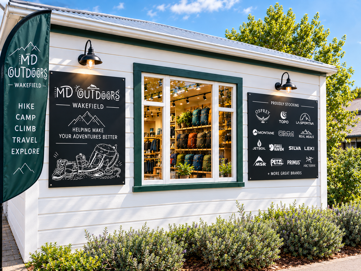 A white outdoor retail kiosk or storefront with green trim, large display windows, and black branded signboards. A tall green banner on the left reads MD Outdoors Wakefield, and the wall signs show hiking boots and apparel brands.